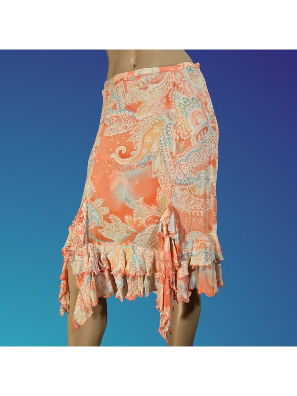 Vintage Y2K Ruffled Asymmetric Midi Skirt Size S Peach Blue Paisley Fairy Boho